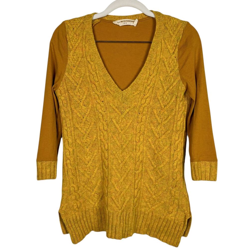 Pilcro Anthropologie Cable Knit Wool Cotton Stretch V Neck Sweater Medium Boho